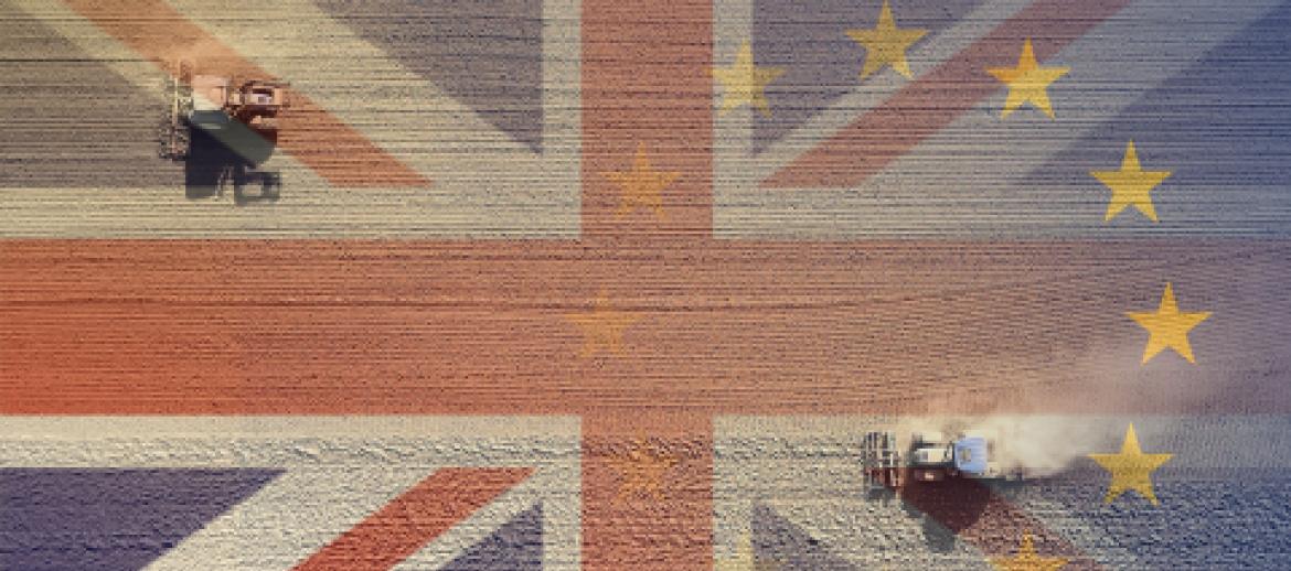 UK combine harvesters ploughing Brexit flag