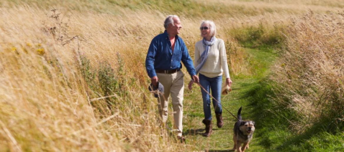 Retired Couple walking dog