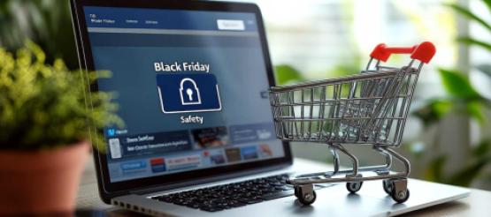 Shopping black friday on laptop with safety notification