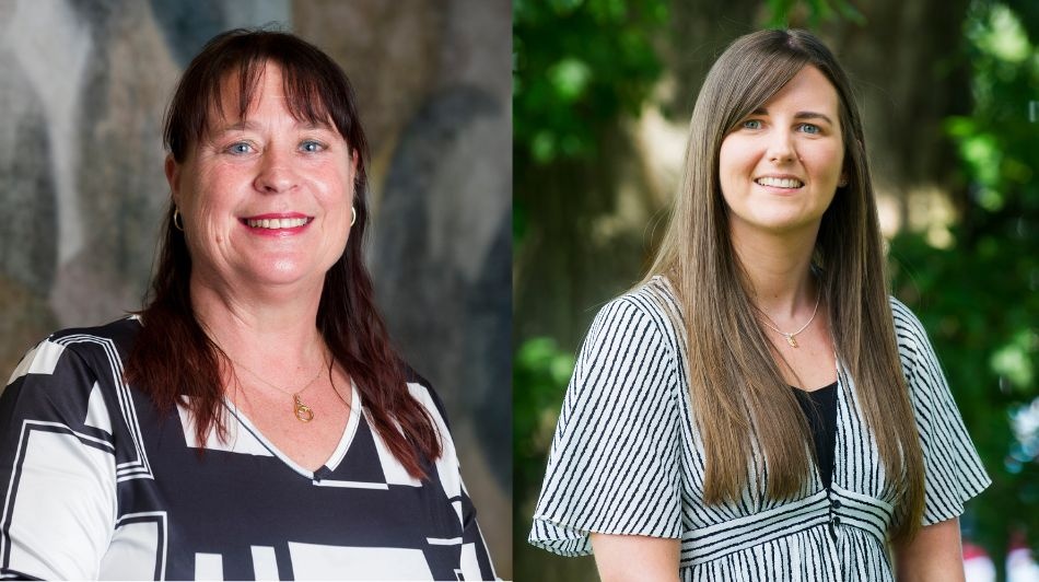 Two professional headshots displayed side by side, showing individuals in patterned tops against indoor and outdoor backgrounds.