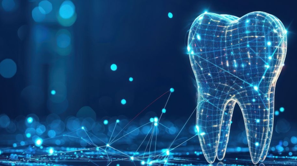 Futuristic digital tooth with connected data points representing dental cybersecurity.