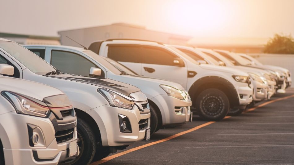 Row of white pickup trucks parked in a fleet vehicle lot at sunset.