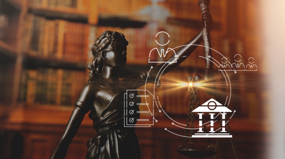 Lady Justice statue in a law library with legal technology icons and courthouse graphic overlay.