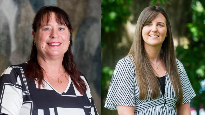 Two professional headshots displayed side by side, showing individuals in patterned tops against indoor and outdoor backgrounds.