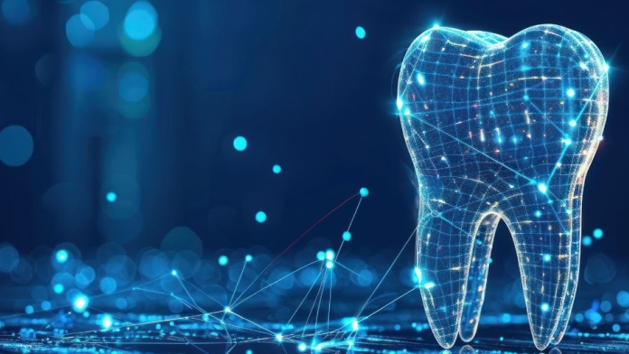Futuristic digital tooth with connected data points representing dental cybersecurity.