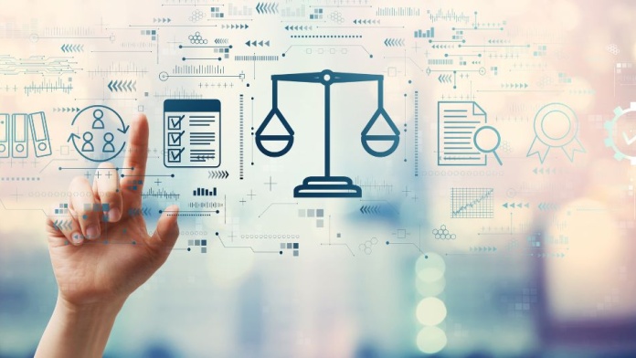 Digital legal compliance and risk management concept with balance scales, audit checklist, regulatory documents, and governance controls.
