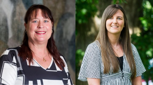 Two professional headshots displayed side by side, showing individuals in patterned tops against indoor and outdoor backgrounds.