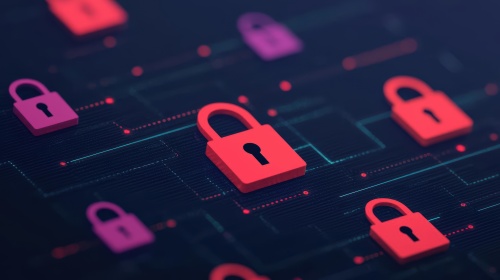 Digital security padlocks connected across a glowing network, representing cybersecurity, data protection and secure online systems.