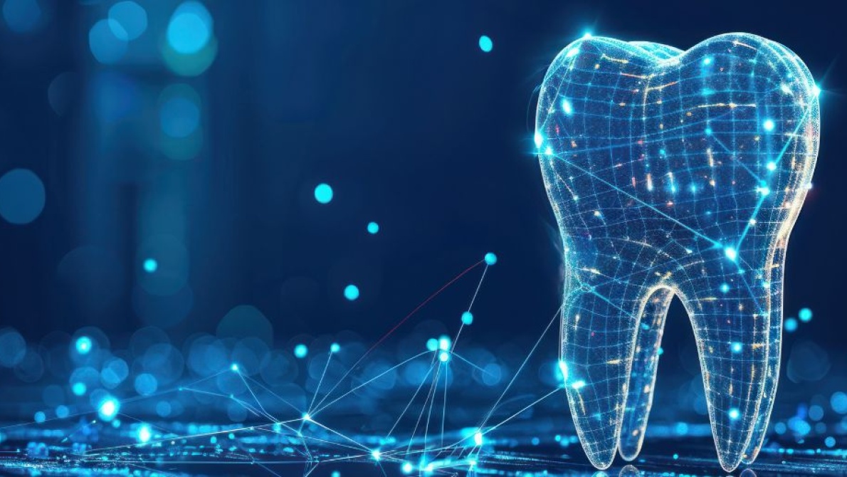 Futuristic digital tooth with connected data points representing dental cybersecurity.