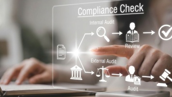 Compliance check process showing internal and external audits, review steps, and approval workflow on a digital business interface.