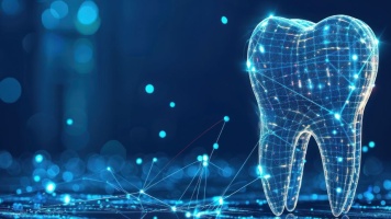 Futuristic digital tooth with connected data points representing dental cybersecurity.