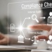 Compliance check process showing internal and external audits, review steps, and approval workflow on a digital business interface.