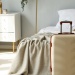 Minimalist bedroom with neatly made bed, soft throw blanket, and suitcase ready for a stay.