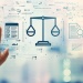 Digital legal compliance and risk management concept with balance scales, audit checklist, regulatory documents, and governance controls.